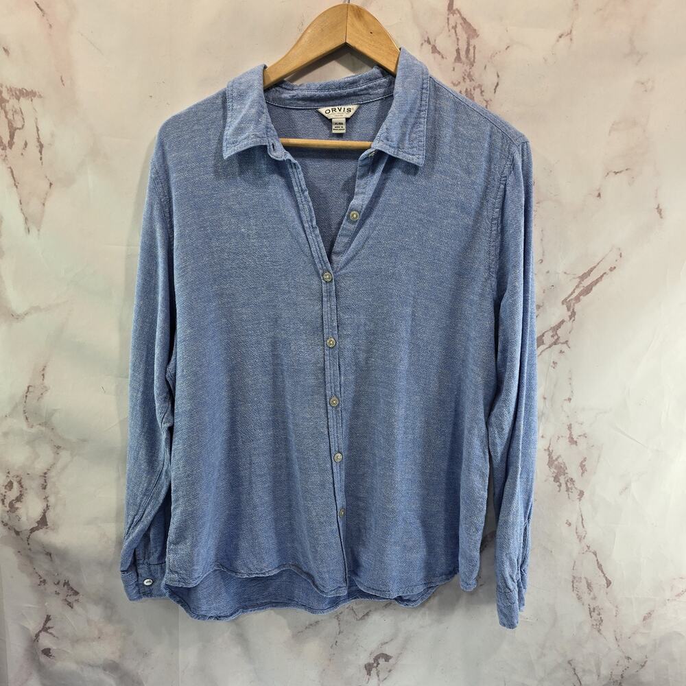 Orvis Shirt Womens XL Linen Blend Light Blue Button Long Sleeve Relaxed